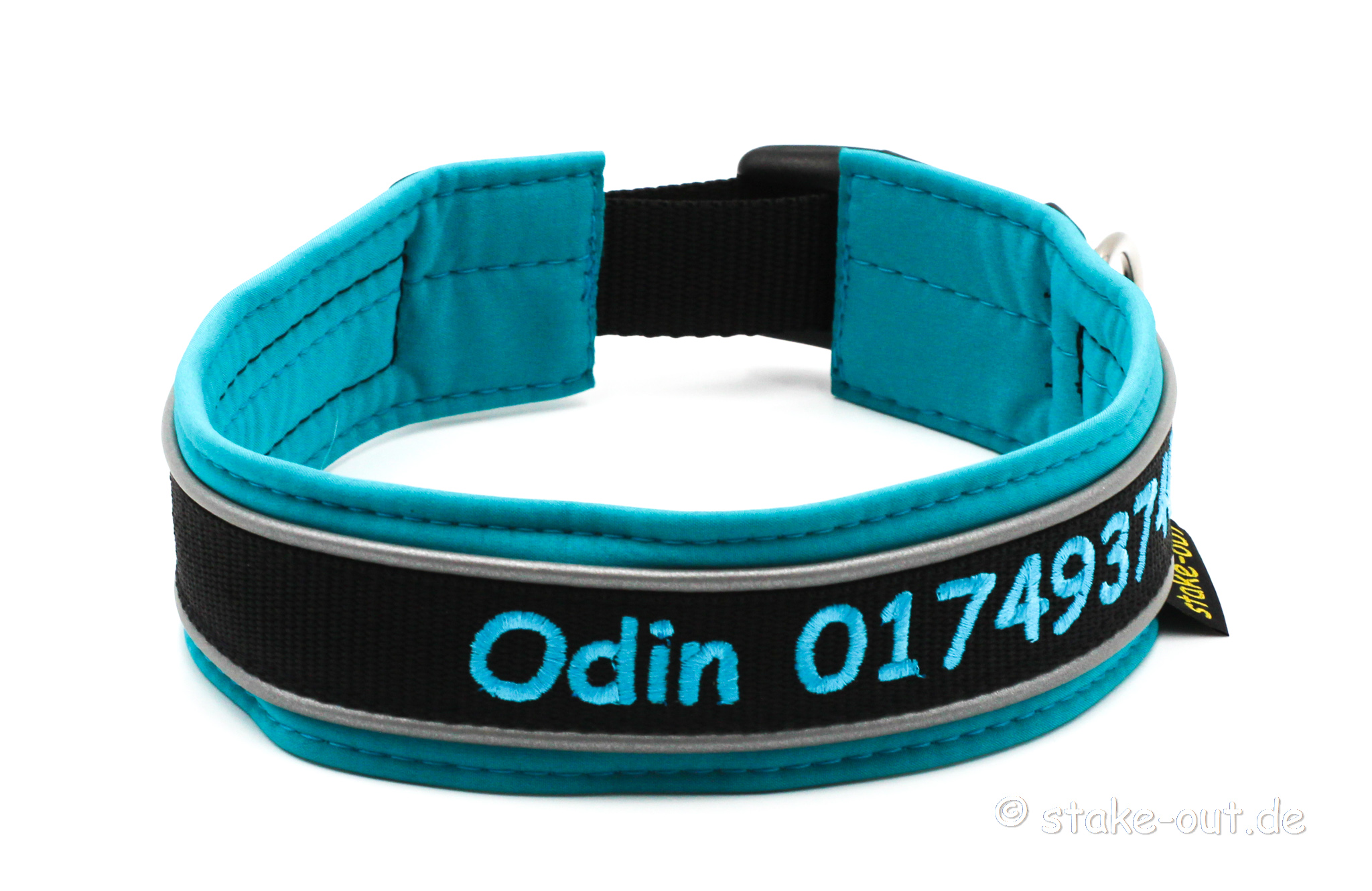Outdoor Halsband Türkis/Schwarz Outdoor Hundehalsband in Türkis/Schwarz mit Softshell-Polsterung, reflektierender Kantenborte & Bestickung