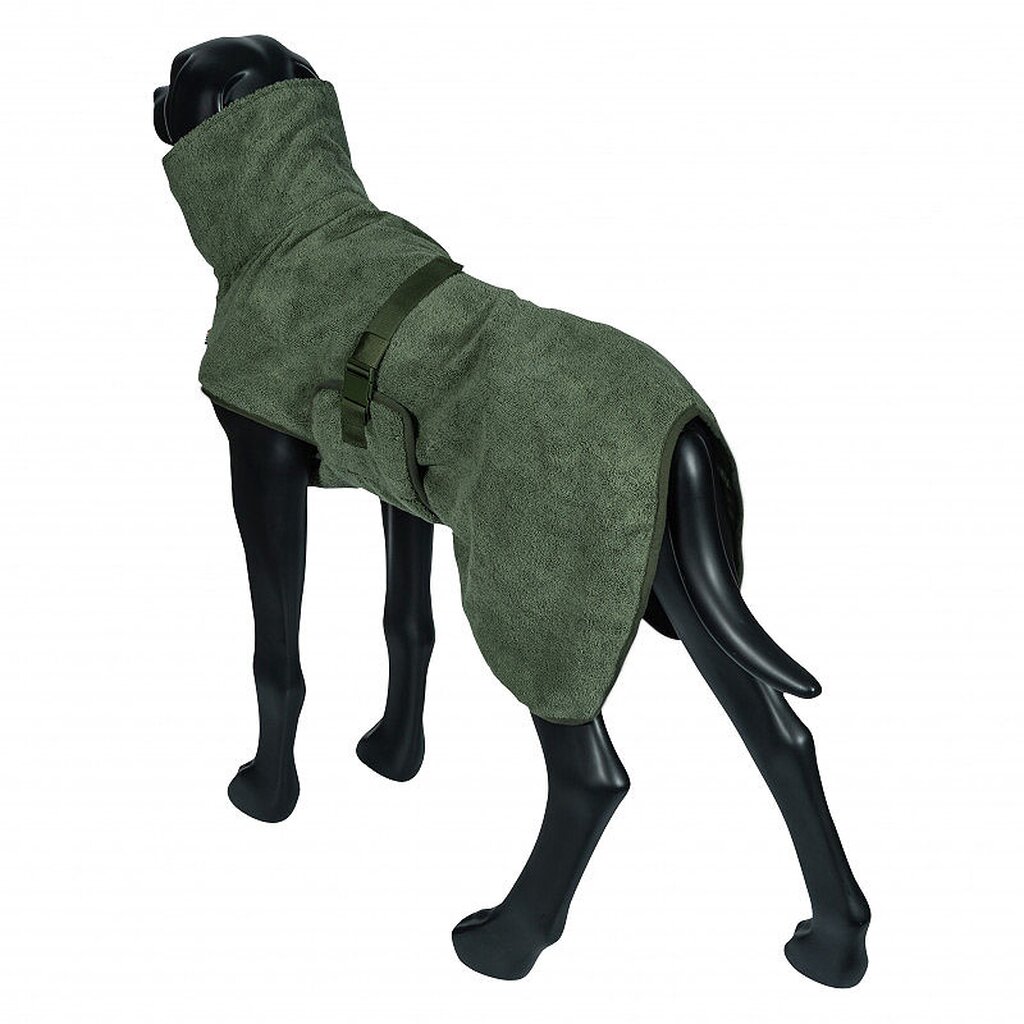 Hund trägt den Medea ECO Hundebademantel in Grün, ideal zum Abtrocknen nach dem Baden oder Spaziergang im Regen.