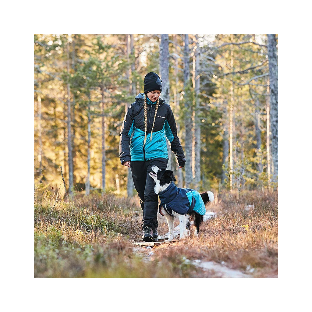 Hund trägt den Nonstop Wintermantel Glacier 2.0 in Navy und Petrol beim Spaziergang im Wald, idealer Schutz vor Kälte und Nässe.