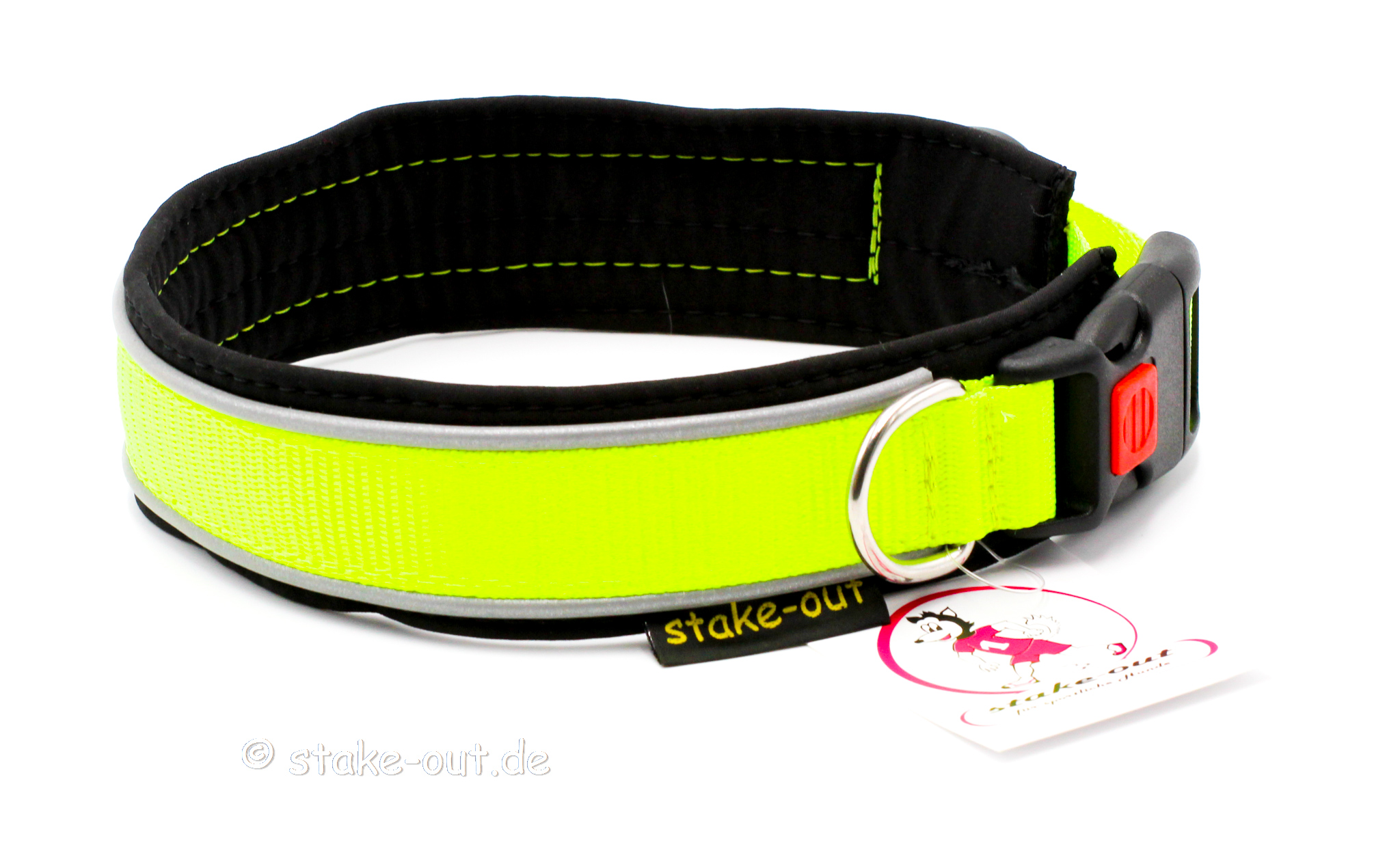 utdoor Halsband Neon-Gelb/Schwarz Outdoor Hundehalsband in Neon-Gelb/Schwarz mit Softshell-Polsterung und reflektierender Kantenborte