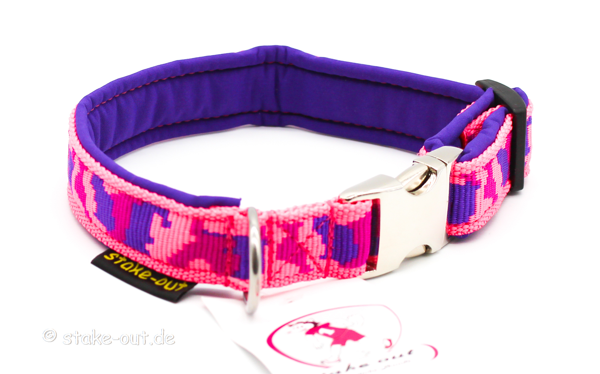 Softshell Halsband Lila/Pink Muster Softshell-Halsband in Lila/Pink mit Muster, Polypropylen-Gurtband und Steckschnalle