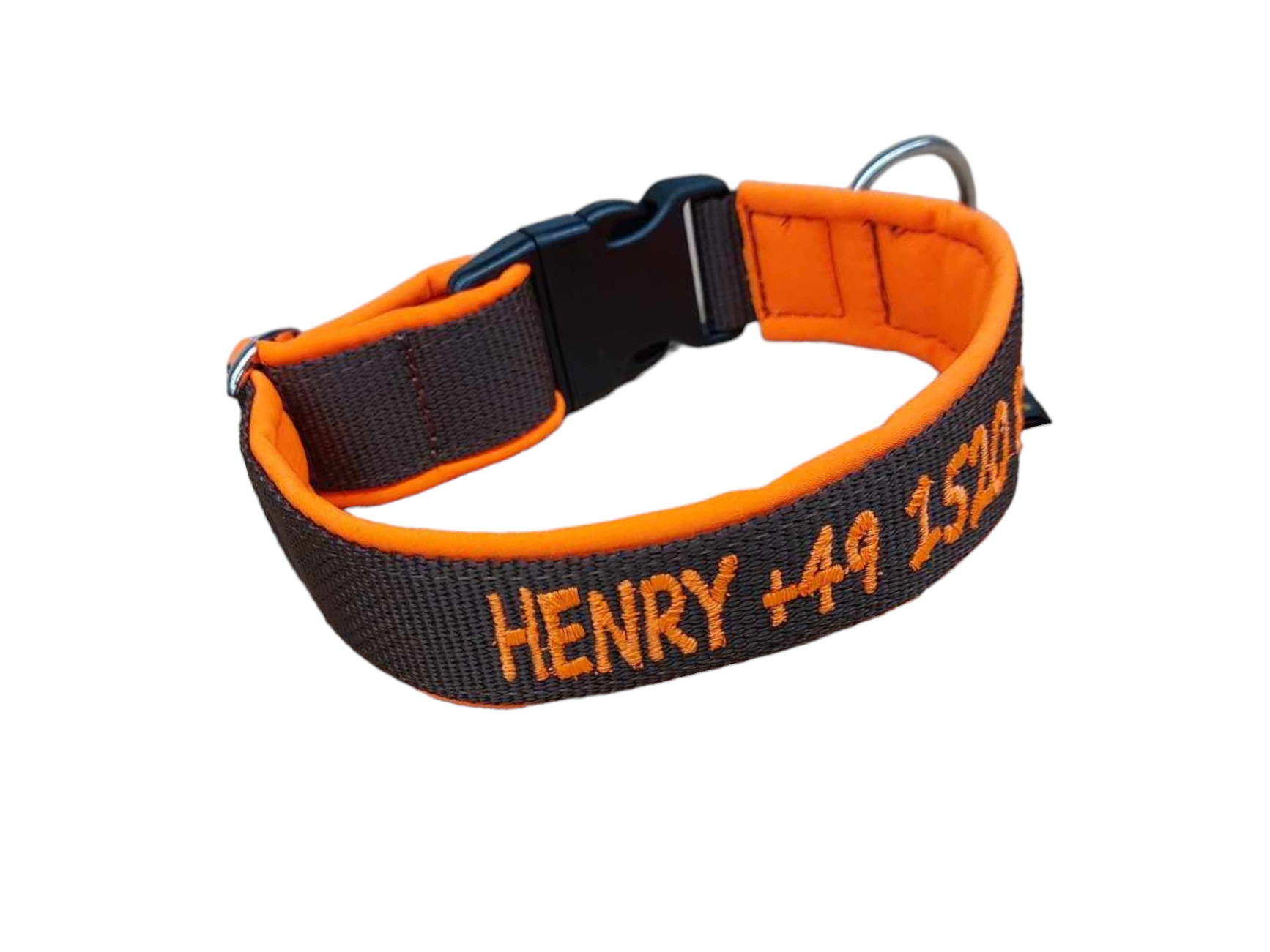 Hundehalsband Orange bestickt Softshell Besticktes Hundehalsband in Orange mit Softshell-Polsterung und Kunststoffsteckschnalle