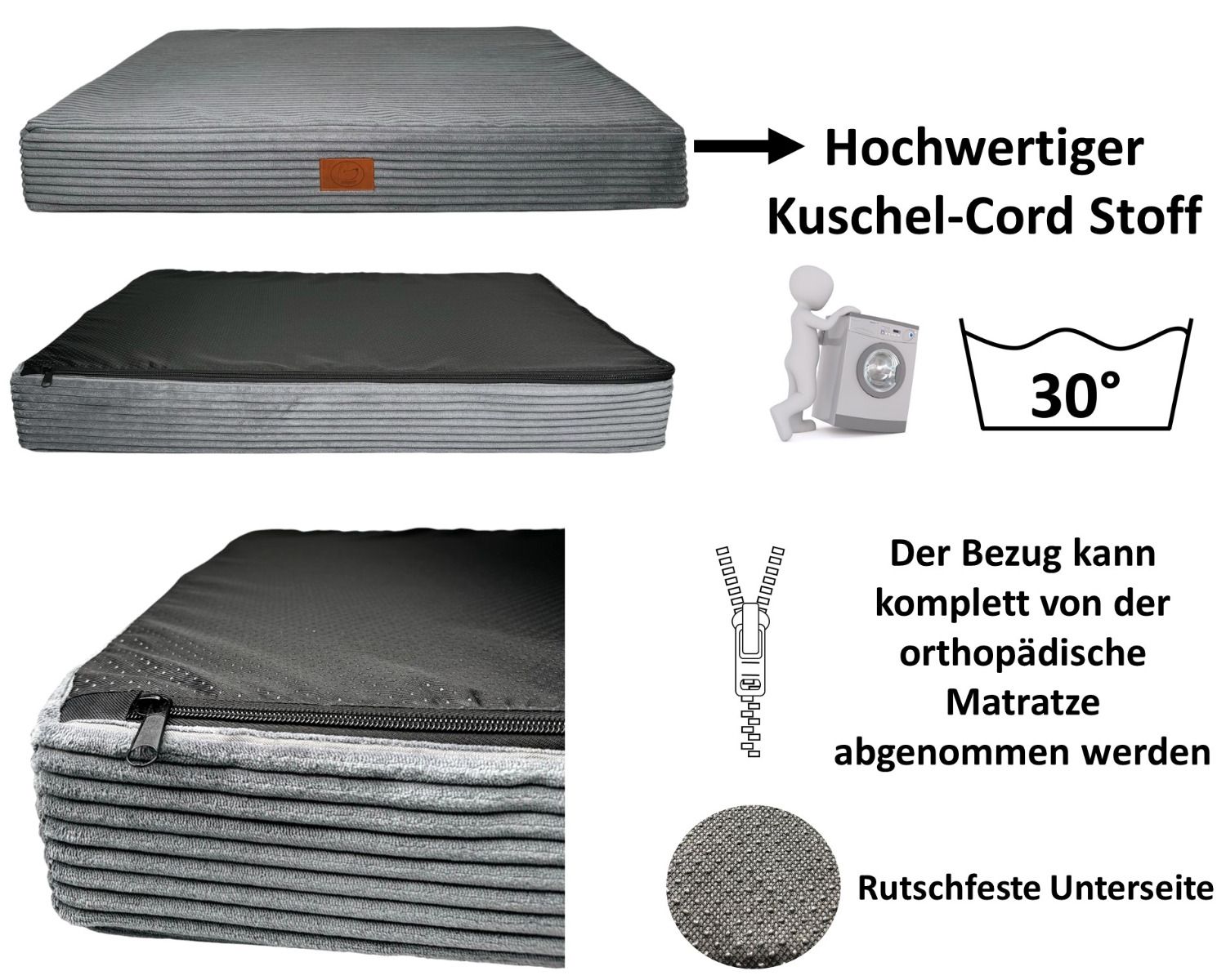 Orthopädische Hundematte San Marino in Grau mit abnehmbarem Cordbezug, rutschfester Unterseite und waschbar bei 30 Grad