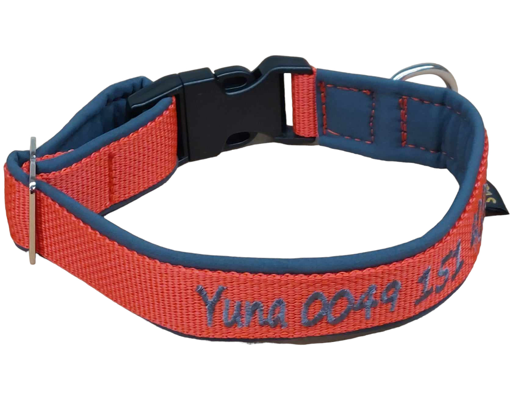 Hundehalsband Rot/Blau bestickt Softshell Besticktes Hundehalsband in Rot/Blau mit Softshell-Polsterung und Gürtelschnalle