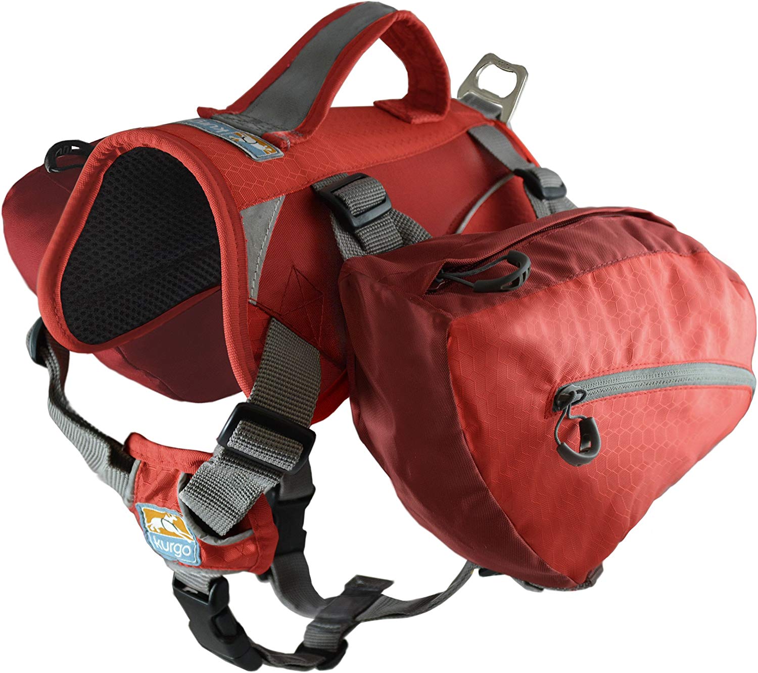 Kurgo Baxter Rucksack für Hunde in Rot, mit verstellbaren Gurten, stabilem Griff und zwei geräumigen Seitentaschen.