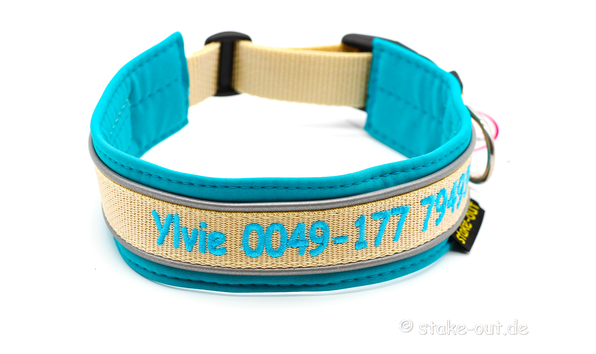 Outdoor Halsband Türkis/Beige Outdoor Hundehalsband in Türkis/Beige mit Softshell-Polsterung, reflektierender Kantenborte & Bestickung