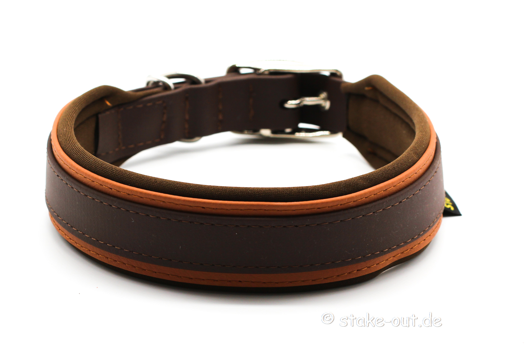 Biothane Halsband Braun/Orange Breites Biothane® Hundehalsband (40 mm) in Braun/Orange mit Softshell-Polsterung und Gürtelschnalle