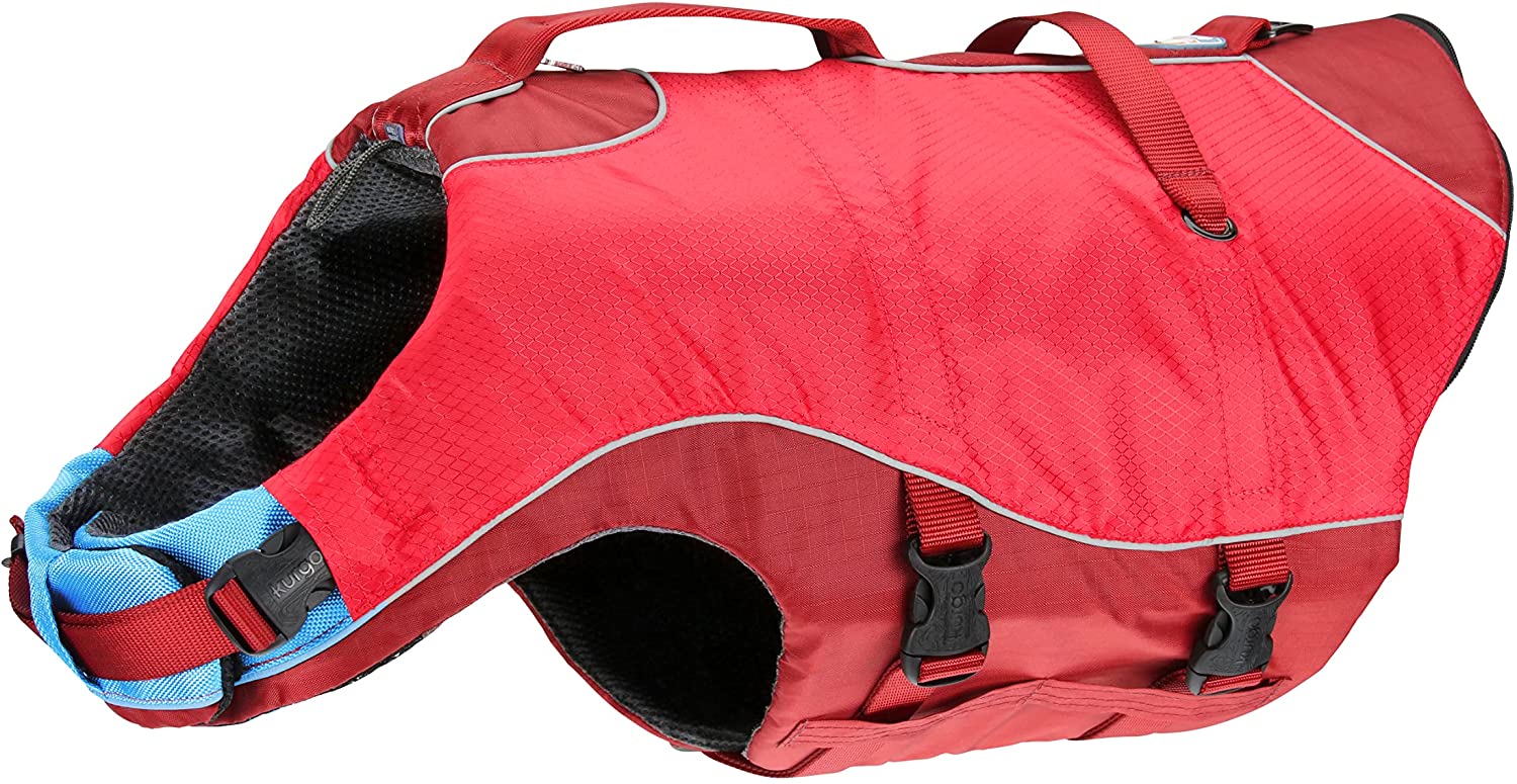 Rote Kurgo Schwimmweste für Hunde mit blauen Details, robustem Griff und verstellbaren Schnallen für sicheren Halt im Wasser.