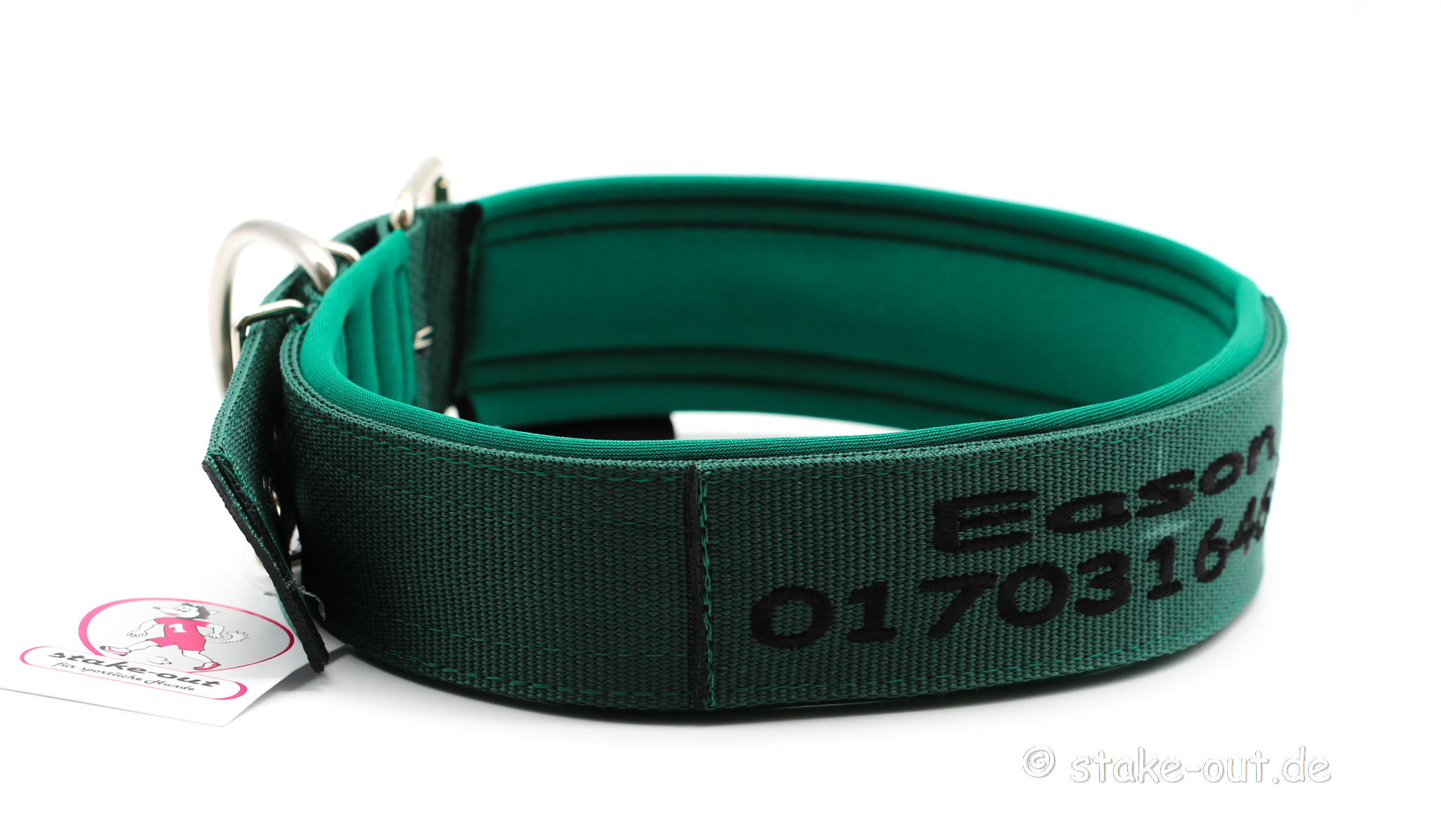 Halsband große Hunde Dunkelgrün/Schwarz Besticktes 50 mm Hundehalsband für große Hunde in Dunkelgrün/Schwarz, doppellagiges Gurtband & Softshell-Polsterung