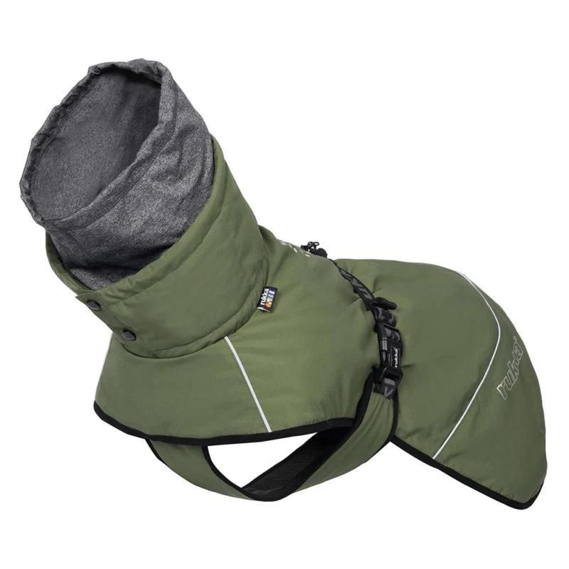 Rukka Pets Hundewintermantel Warmup in Oliv, gefütterter Mantel mit reflektierenden Details und verstellbarem Gurt.