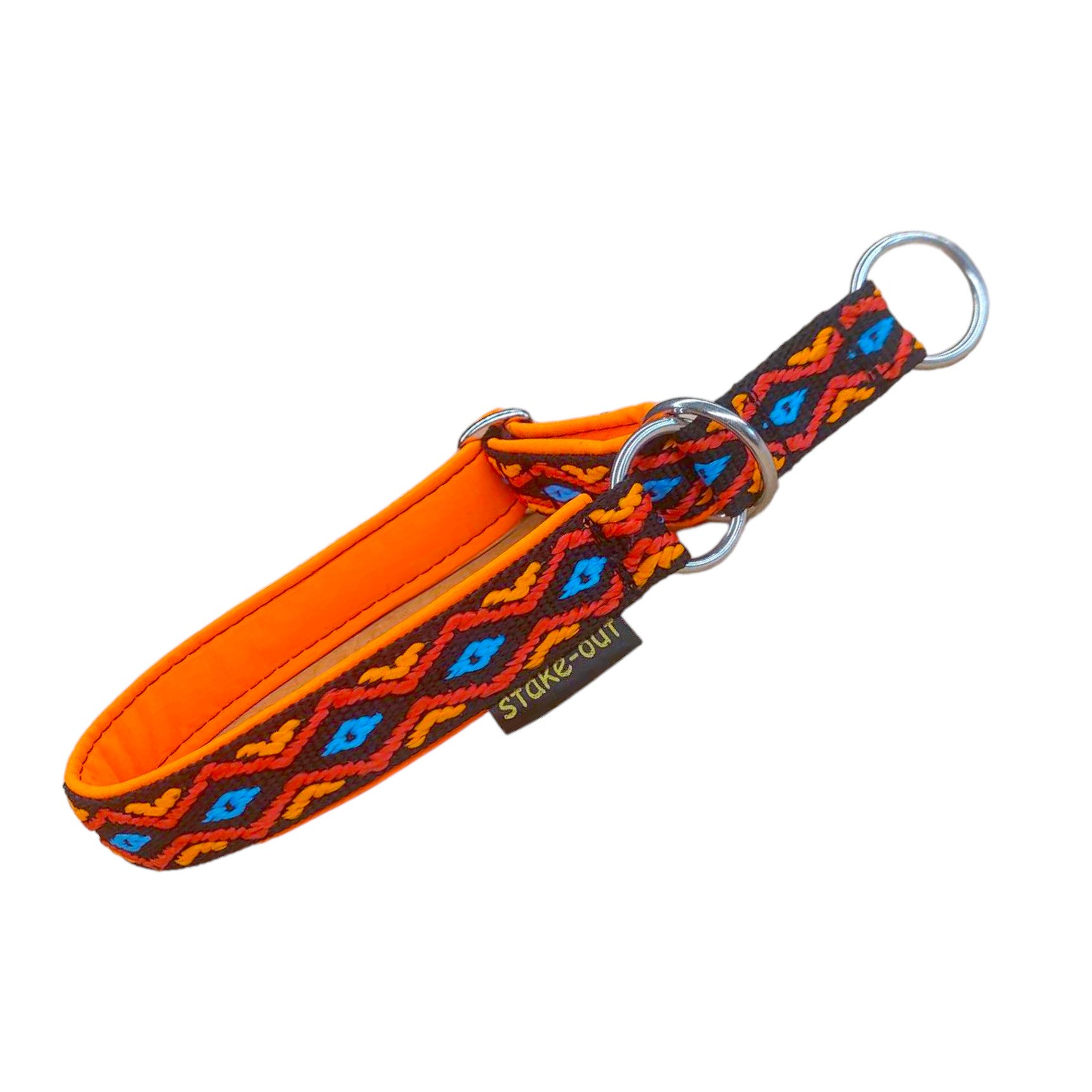 Zugstopp-Hundehalsband Maya Motiv mit orangefarbener Softshell-Polsterung, robustes Gurtband