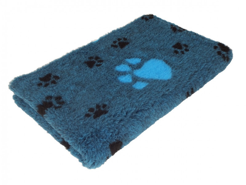 Vetbed Große Pfote in Blau mit schwarzen Pfotenmotiven – kuschelige, rutschfeste Hundedecke aus weichem Flor für optimalen Liegekomfort