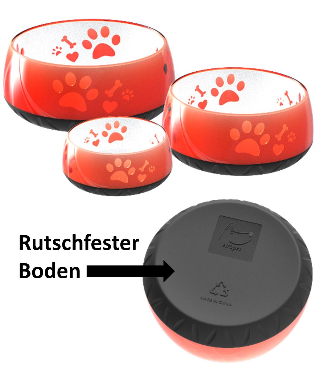 Elropet Kunststoff-Napf in Orange mit Pfotenmotiv und rutschfester Unterseite, ideal für energiegeladene Hunde.