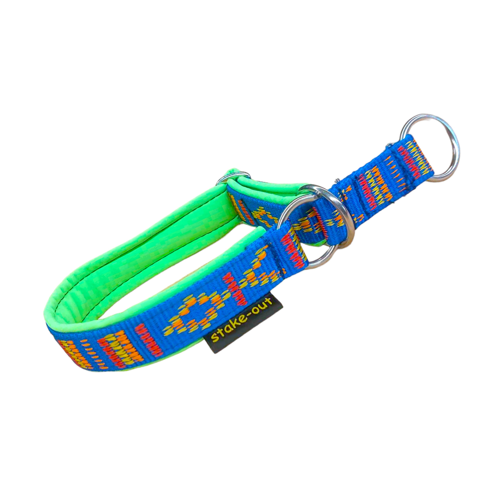 Zugstopp-Hundehalsband Inka Blau mit neongrüner Softshell-Polsterung, Edelstahlringe