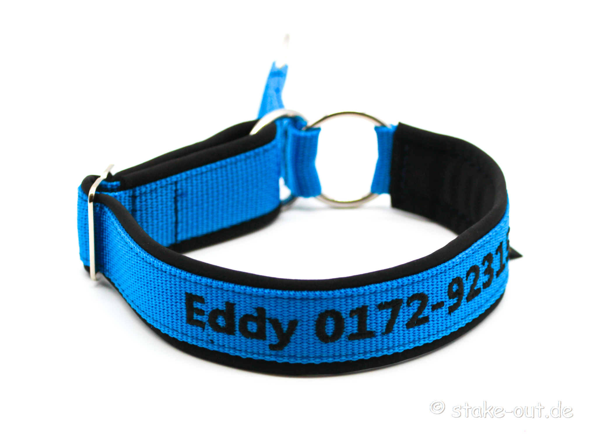 Zugstopp Halsband Blau/Schwarz bestickt Softshell Besticktes Zugstopp-Halsband in Blau/Schwarz mit Softshell-Polsterung