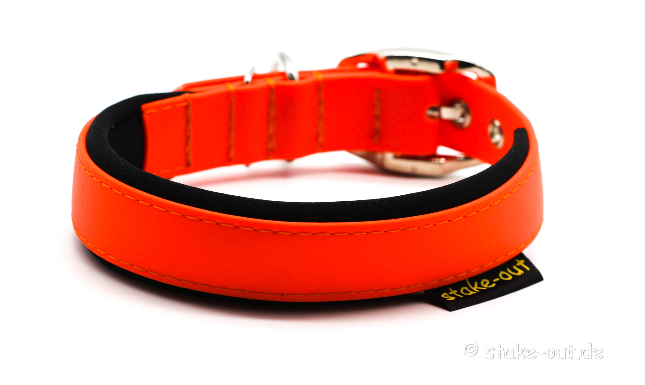 Biothane Halsband Orange/Schwarz Biothane Hundehalsband 25 mm in Orange/Schwarz mit Softshell-Polsterung und Gürtelschnalle