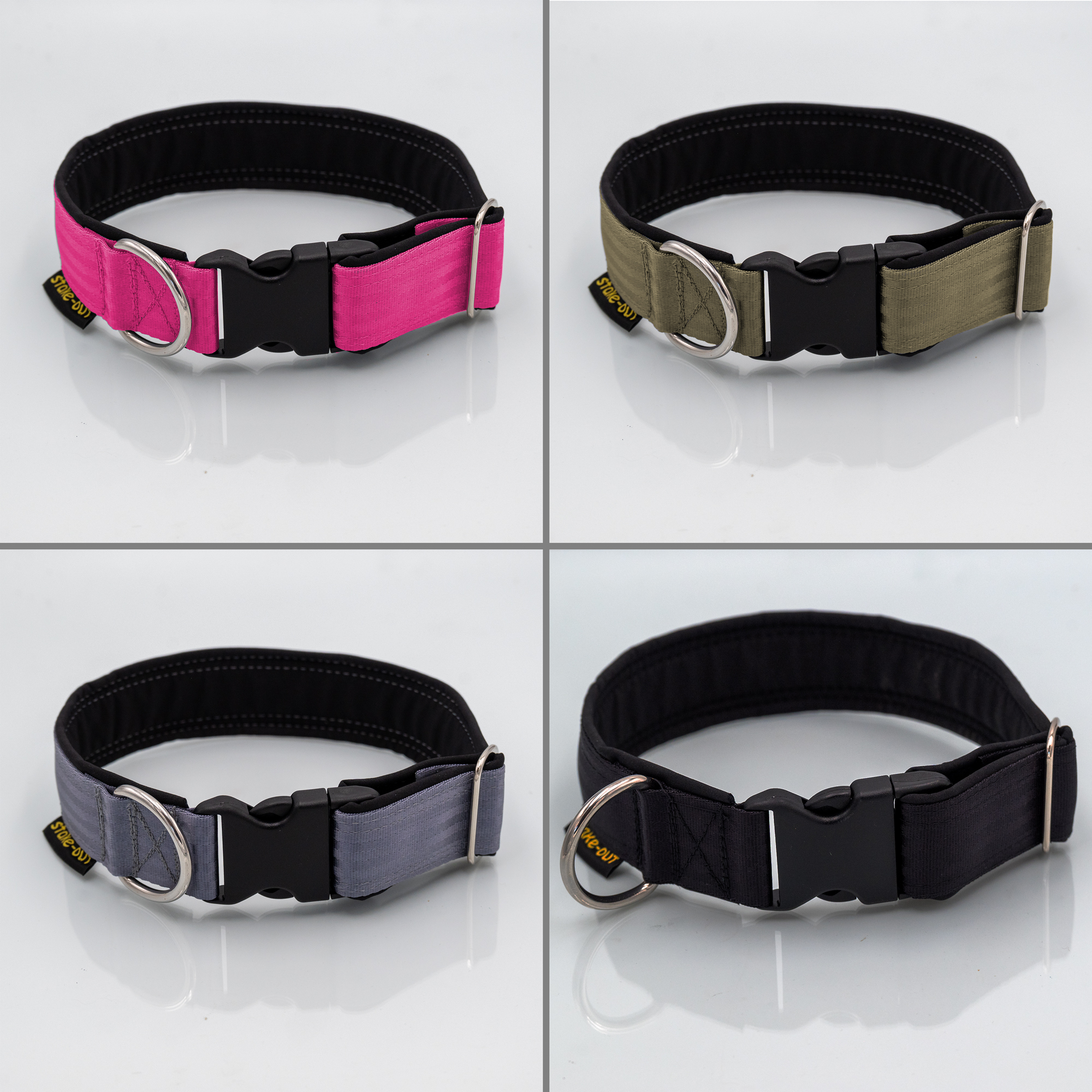 Farbauswahl Sicherheitsgurt-Halsband Hundehalsbänder aus Sicherheitsgurtband mit Softshell-Polsterung und Steckschnalle in vier Farbvarianten