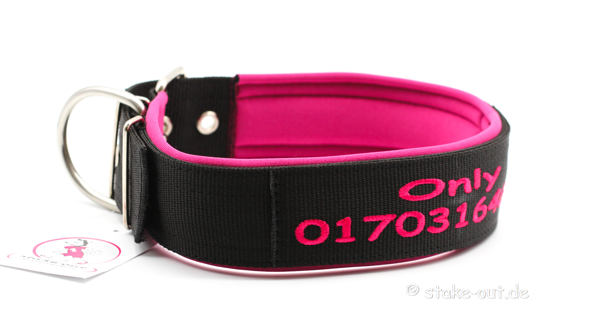 Halsband große Hunde Pink/Schwarz Besticktes 50 mm Hundehalsband für große Hunde in Pink/Schwarz, doppellagiges Gurtband & Softshell-Polsterung