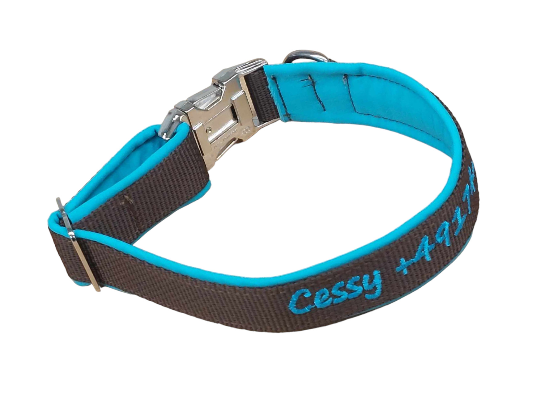 Hundehalsband Türkis bestickt Softshell Besticktes Hundehalsband in Türkis mit Softshell-Polsterung und Kunststoffsteckschnalle