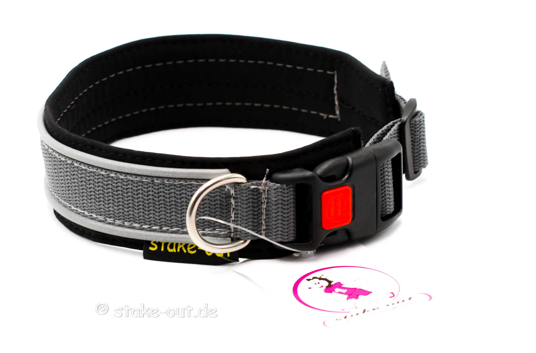 Outdoor Halsband Schwarz/Grau Outdoor Hundehalsband in Schwarz/Grau mit Softshell-Polsterung und reflektierender Kantenborte