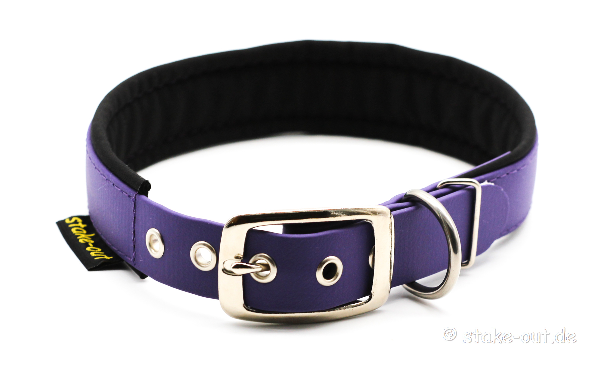 Biothane Halsband Schwarz/Lila Biothane Hundehalsband 25 mm in Schwarz/Lila mit Softshell-Polsterung und Gürtelschnalle