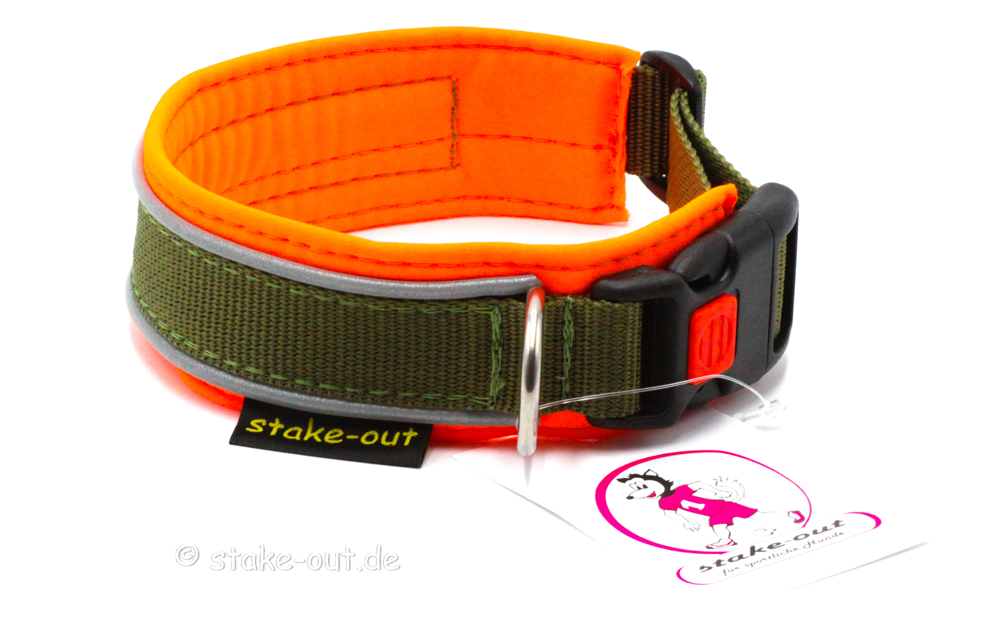 Outdoor Halsband Orange/Schwarz schwarz-25mm-softshell-reflex Outdoor Hundehalsband in Orange/Schwarz mit Softshell-Polsterung und reflektierender Kantenborte