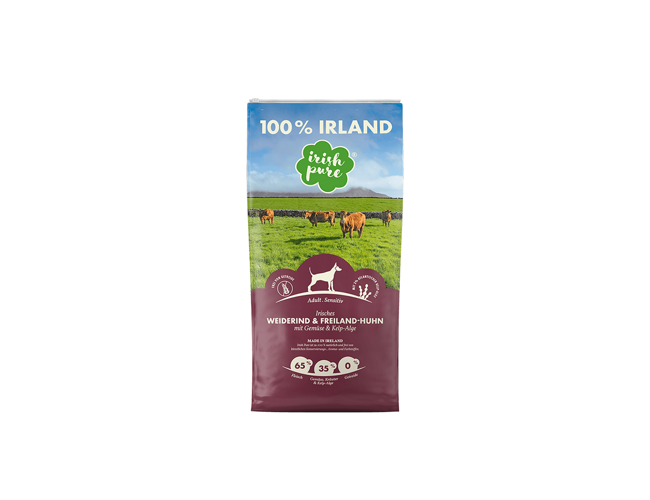 Getreidefreie Rezepturen mit hohem Fleischanteil, ergänzt durch Gemüse, Kräuter und Kelp-Alge – artgerecht produziert in Irland für gesunde Ernährung und Wohlbefinden.