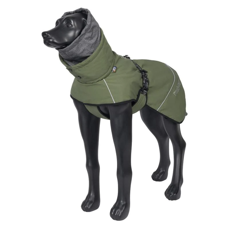 Hund trägt den Rukka Pets Thermal Overall Frost in Olivgrün, wärmender und wasserabweisender Ganzkörperanzug für kalte Tage.
