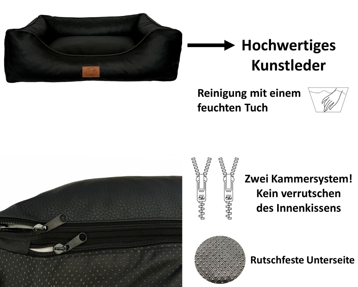 Orthopädisches Hundebett Milano aus Kunstleder schwarz