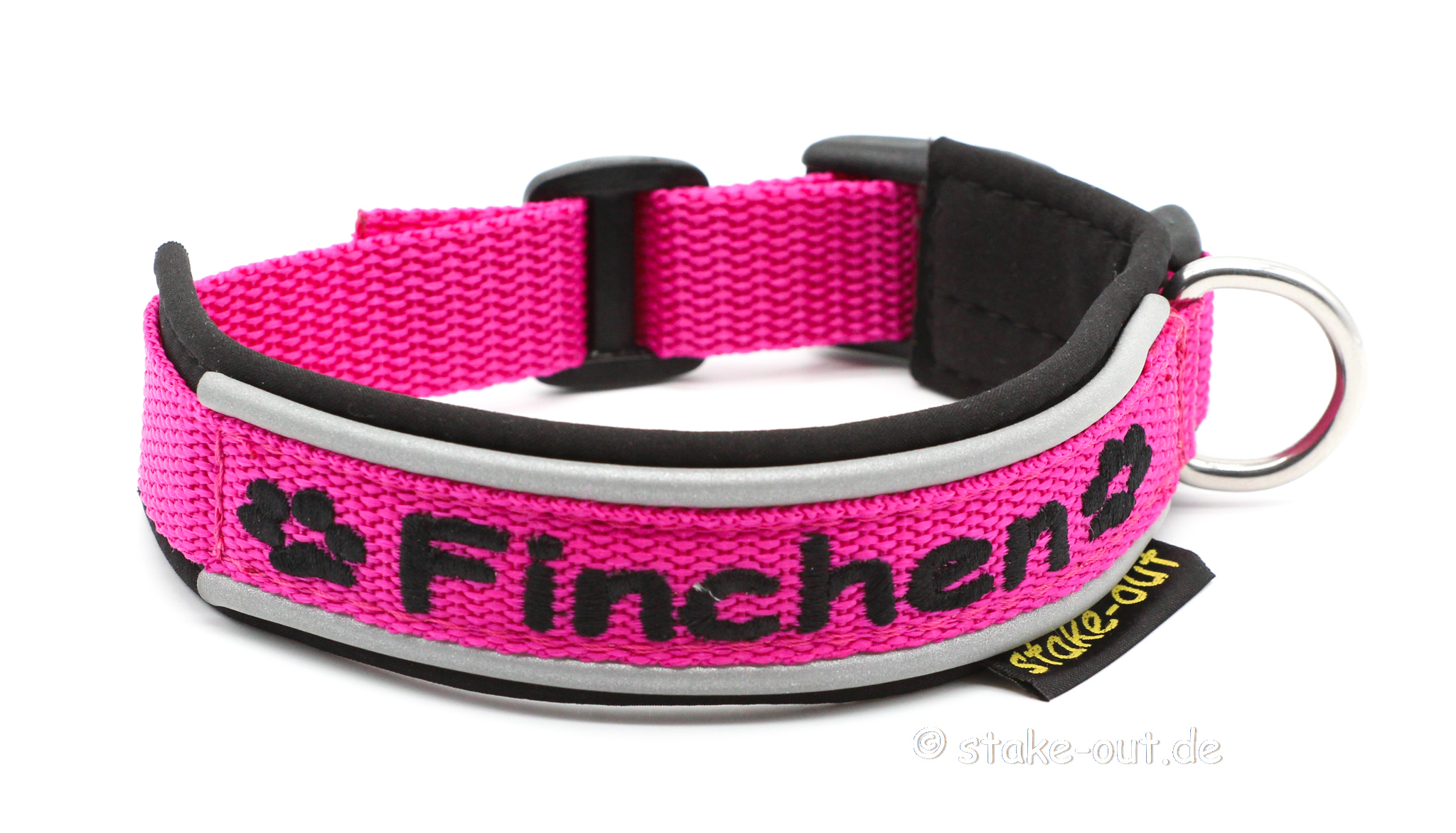 Outdoor Halsband Pink/Schwarz Outdoor Hundehalsband in Pink/Schwarz mit Softshell-Polsterung, reflektierender Kantenborte & Bestickung