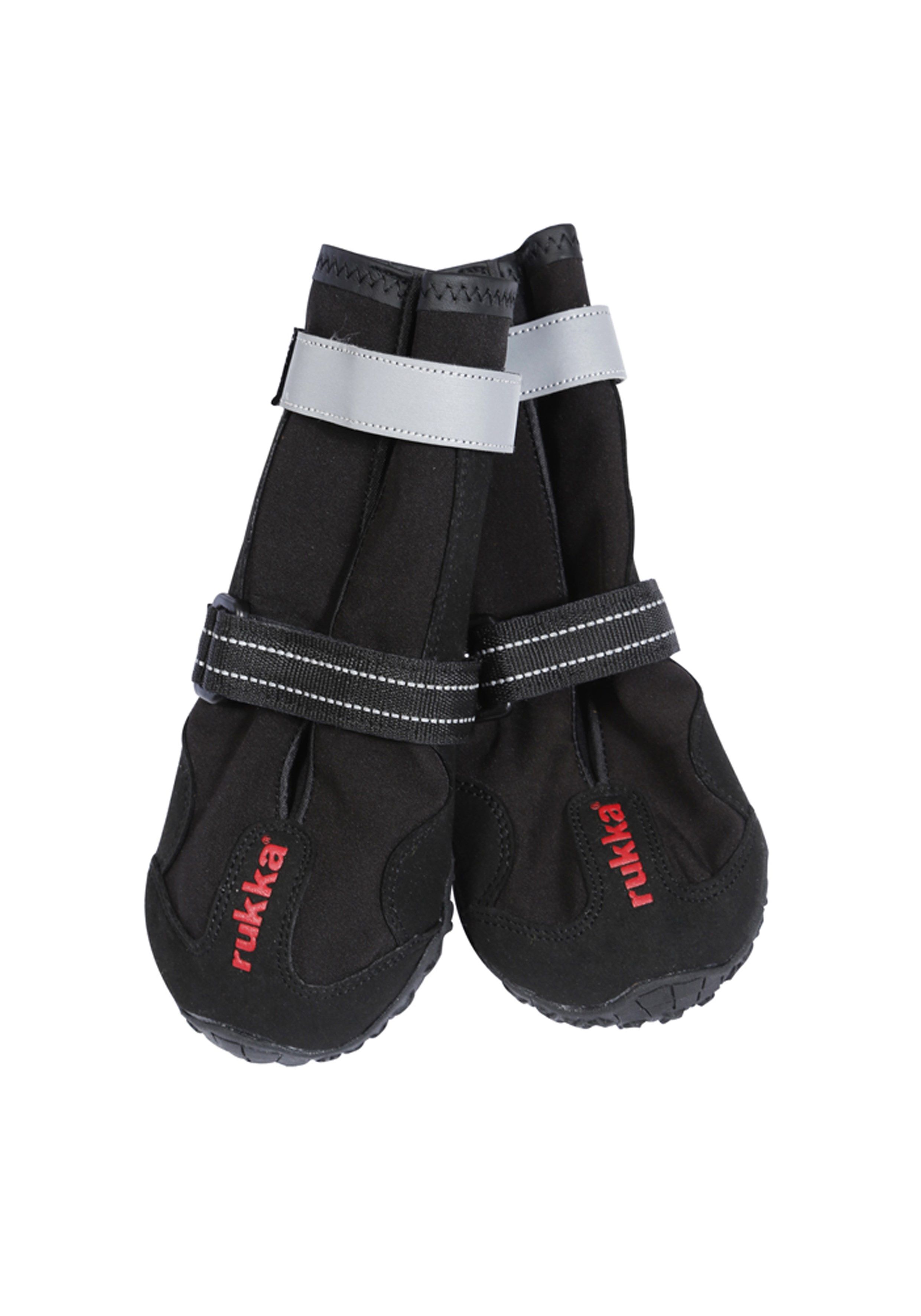 Rukka Pets Hundeschuhe in Schwarz, Paaransicht mit reflektierenden Klettverschlüssen und rutschfester Sohle.