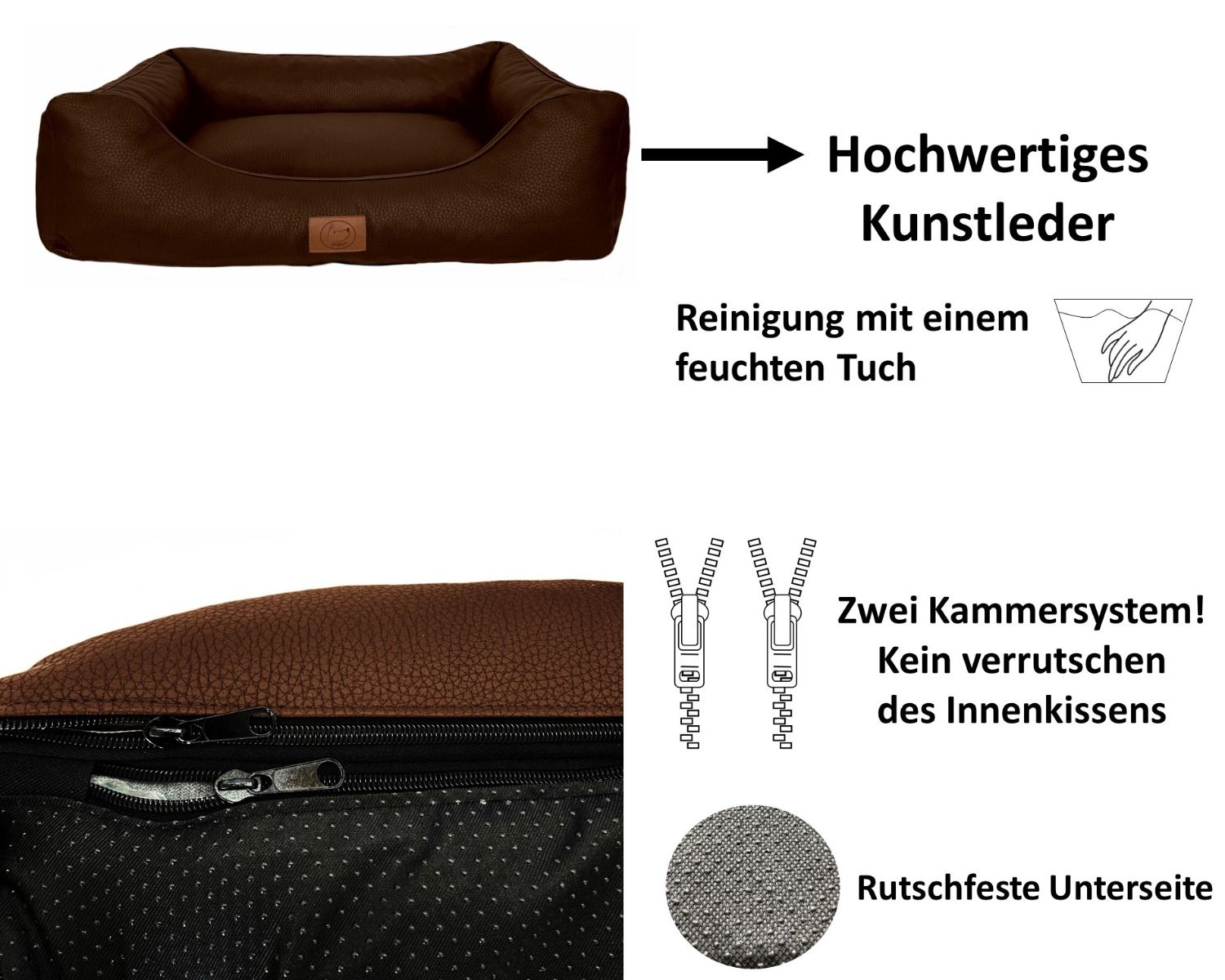 Orthopädisches Hundebett MILANO aus hochwertigem braunem Kunstleder mit rutschfester Unterseite, Zwei-Kammer-System und abwischbarem Bezug