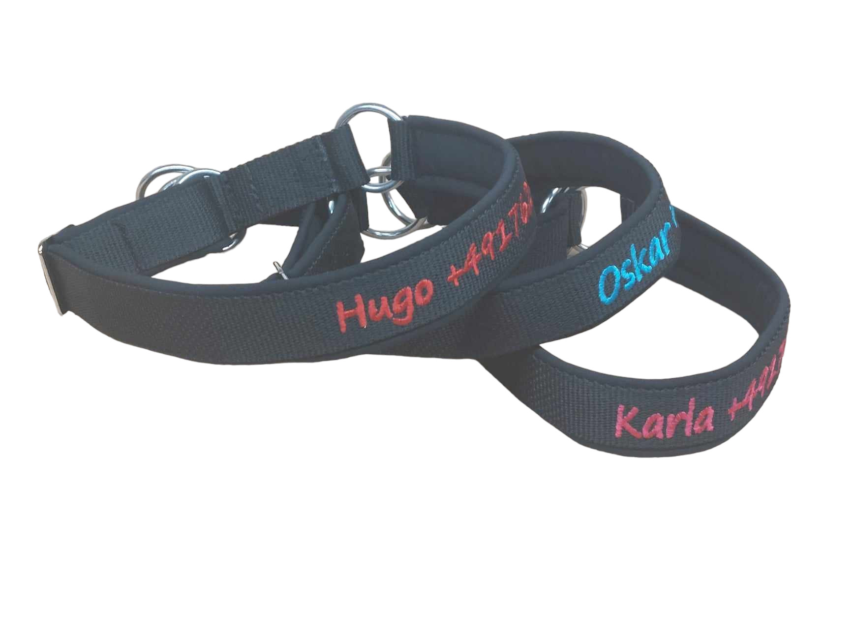 Hundehalsband Dunkelblau bestickt Softshell Besticktes Hundehalsband in Dunkelblau mit Softshell-Polsterung und Kunststoffsteckschnalle