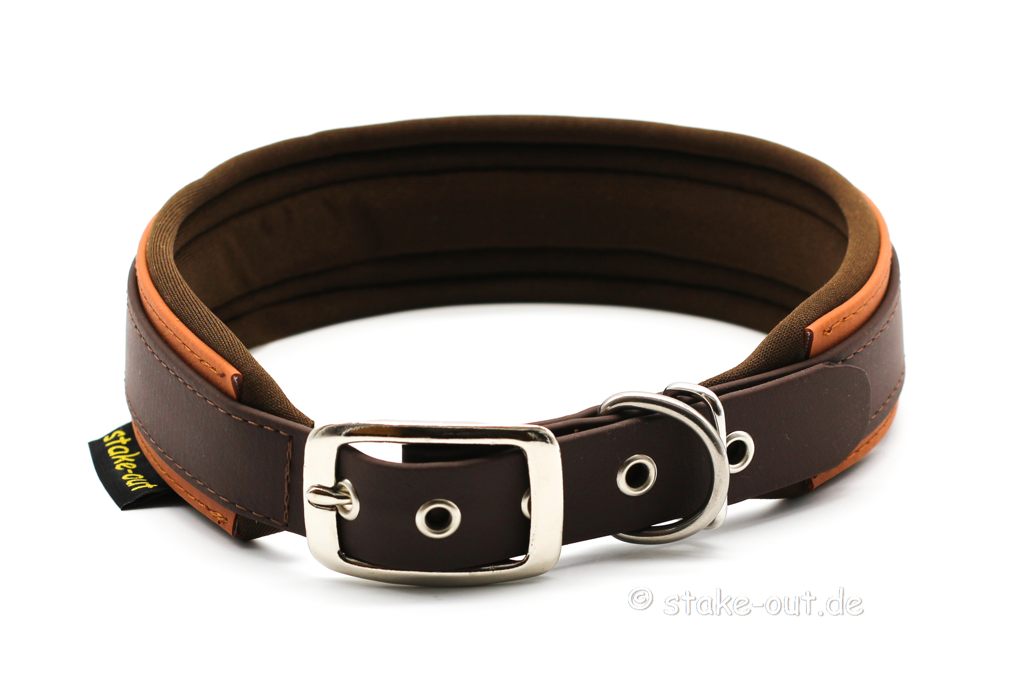 Biothane Halsband Braun/Schwarz Breites Biothane® Hundehalsband (40 mm) in Braun/Schwarz mit Softshell-Polsterung und Gürtelschnalle