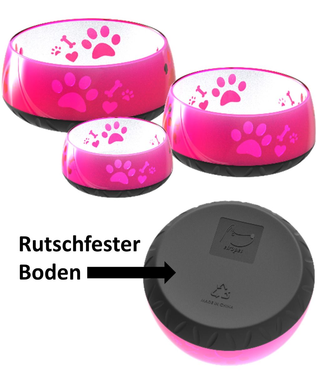 Elropet Kunststoff-Napf in Pink mit Pfotenmotiv und rutschfestem Boden für sicheren Stand auf jedem Untergrund.