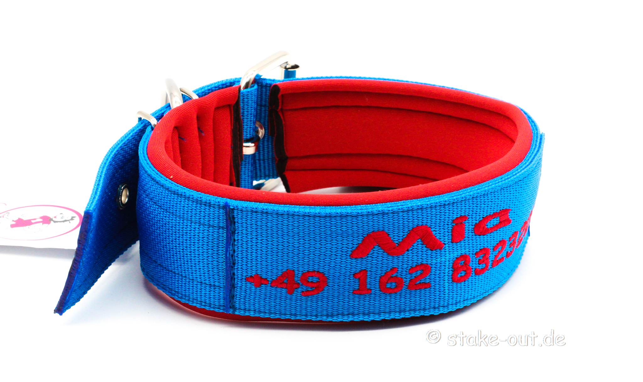 Halsband große Hunde Blau/Rot rot-50mm-softshell-bestickt Besticktes 50 mm Hundehalsband für große Hunde in Blau/Rot, doppellagiges Gurtband & Softshell-Polsterung