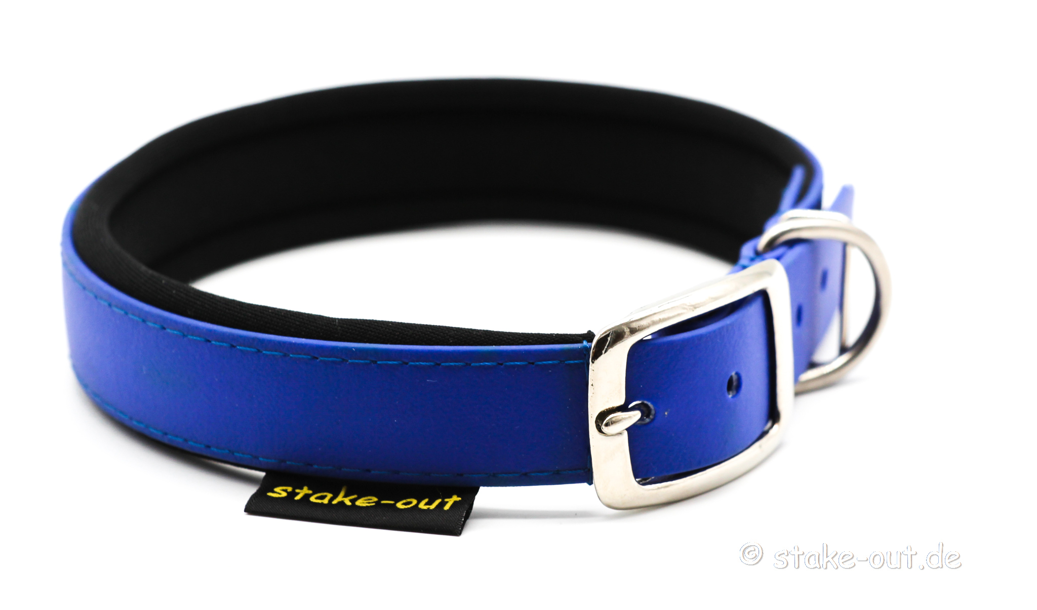 Biothane Halsband Blau/Schwarz Biothane Hundehalsband 25 mm in Blau/Schwarz mit Softshell-Polsterung und Gürtelschnalle