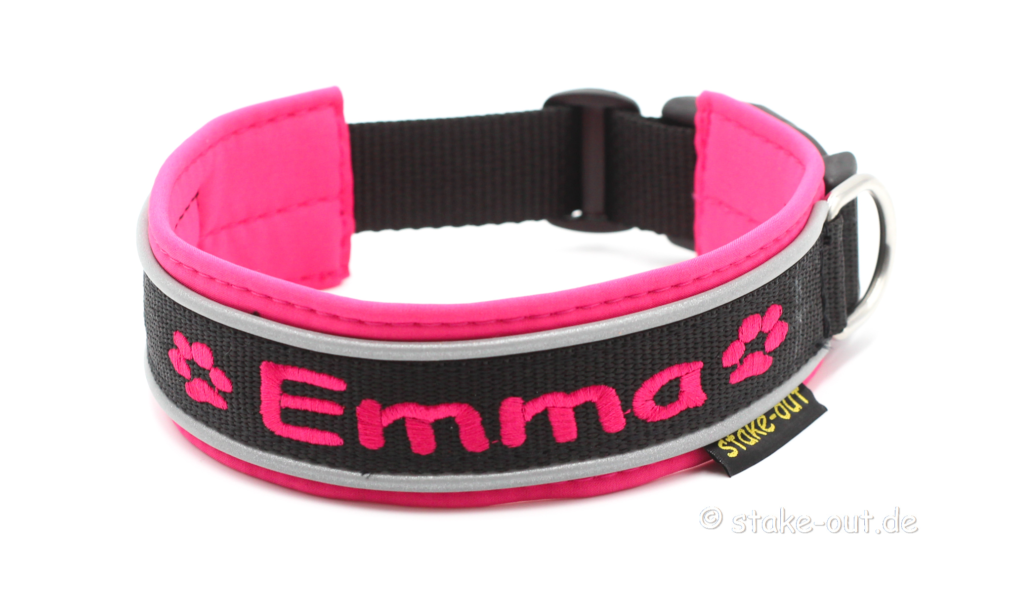 Polsterung, reflektierender Kantenborte & Bestickung Outdoor Halsband Pink/Schwarz Outdoor Hundehalsband in Pink/Schwarz mit Softshell-Polsterung, reflektierender Kantenborte & Bestickung