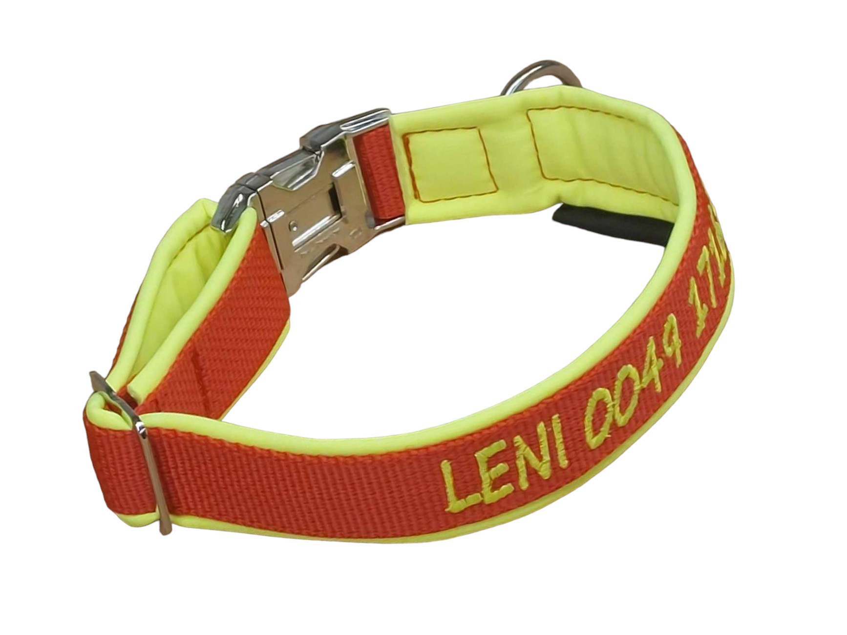 Hundehalsband Neon-Gelb bestickt Softshell Besticktes Hundehalsband in Neon-Gelb mit Softshell-Polsterung und Kunststoffsteckschnalle