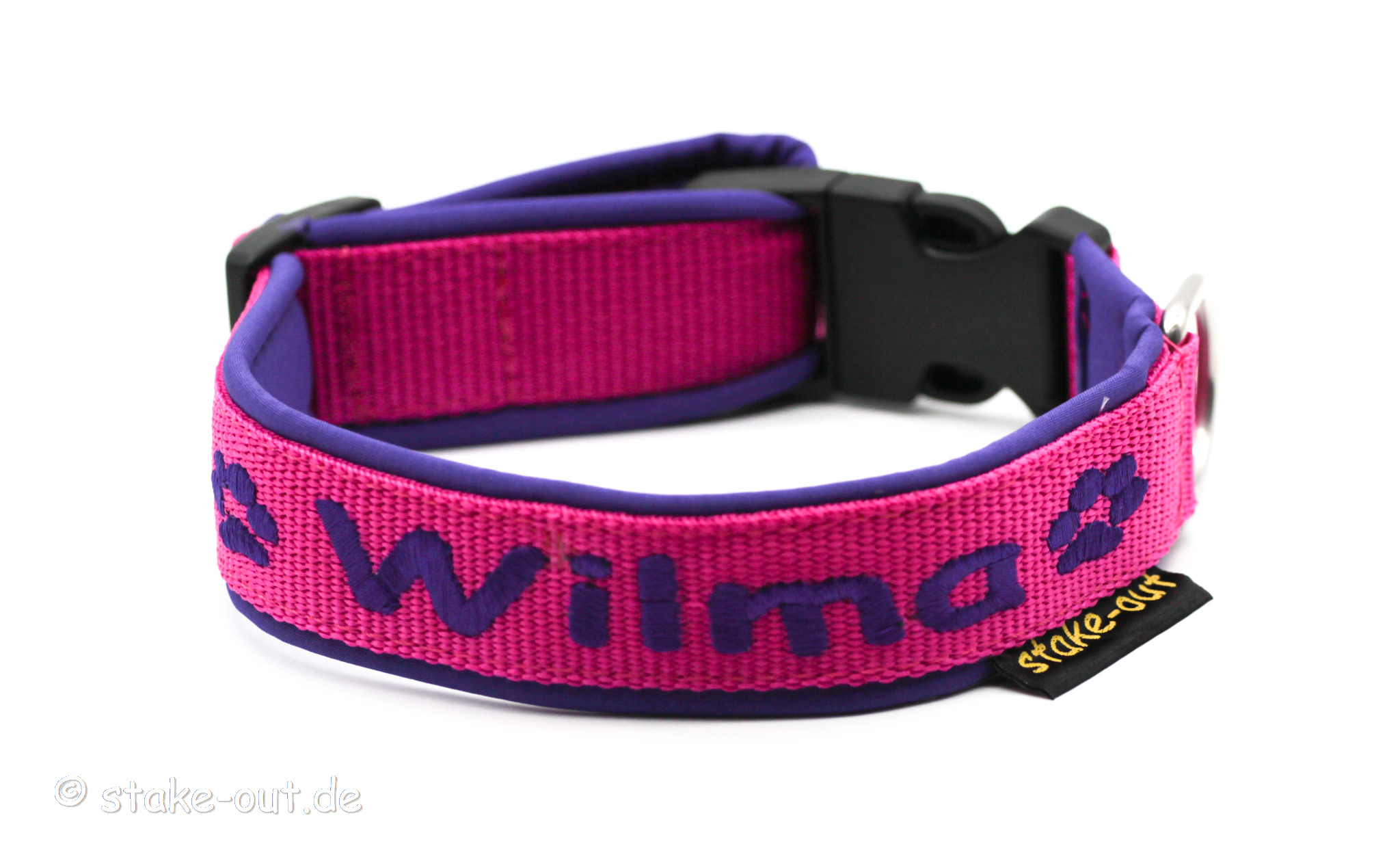 Hundehalsband Pink/Lila bestickt Softshell Besticktes Hundehalsband in Pink/Lila mit Softshell-Polsterung und Kunststoffsteckschnalle