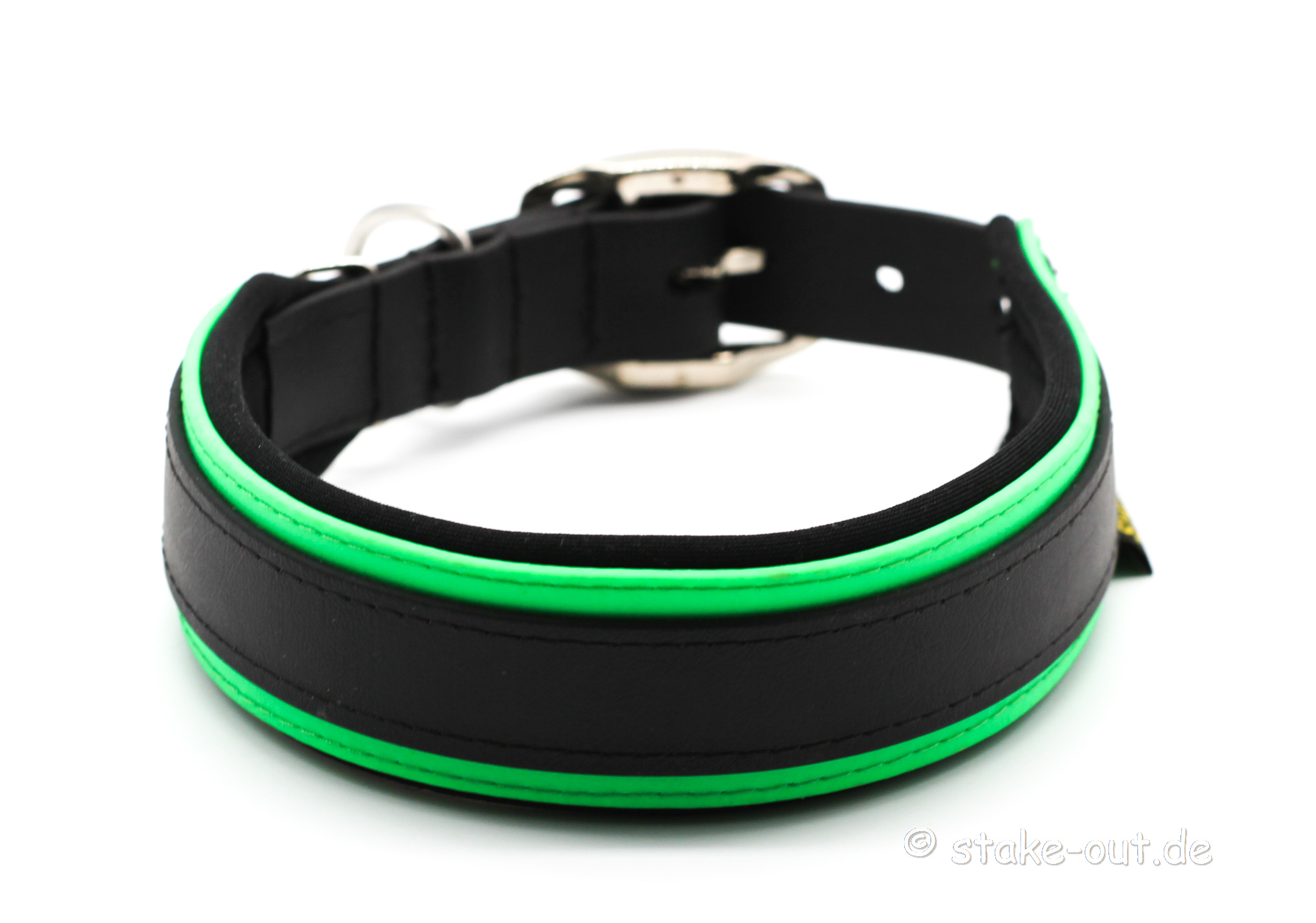 Biothane Halsband Schwarz/Neon-Grün Breites Biothane® Hundehalsband (40 mm) in Schwarz/Neon-Grün mit Softshell-Polsterung und Gürtelschnalle